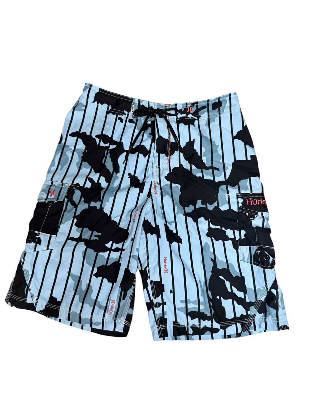🩳☀️ Hurley Y2K Light Blue & Black Camo Stripe Cargo Boardshorts